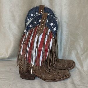 Fringe Cowboy Boots with American Flag Design